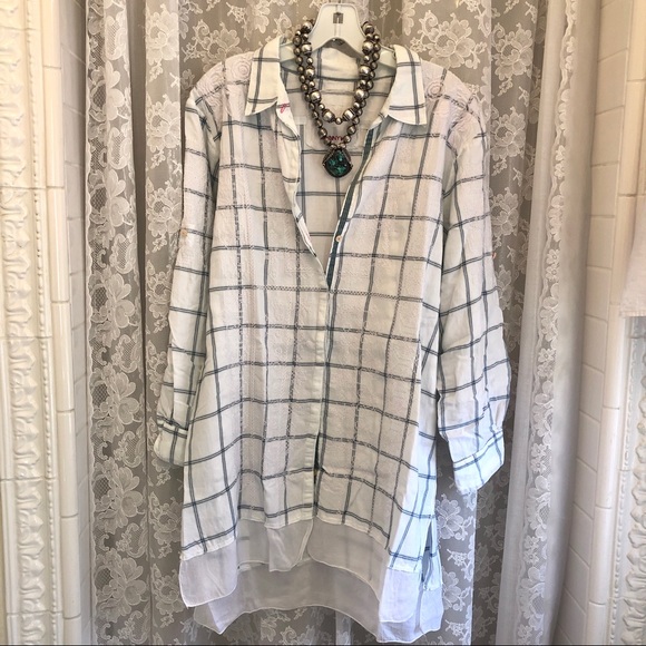 JOHNNY WAS * White Blue Plaid Embroidered Button Front Shirt - Picture 3 of 9